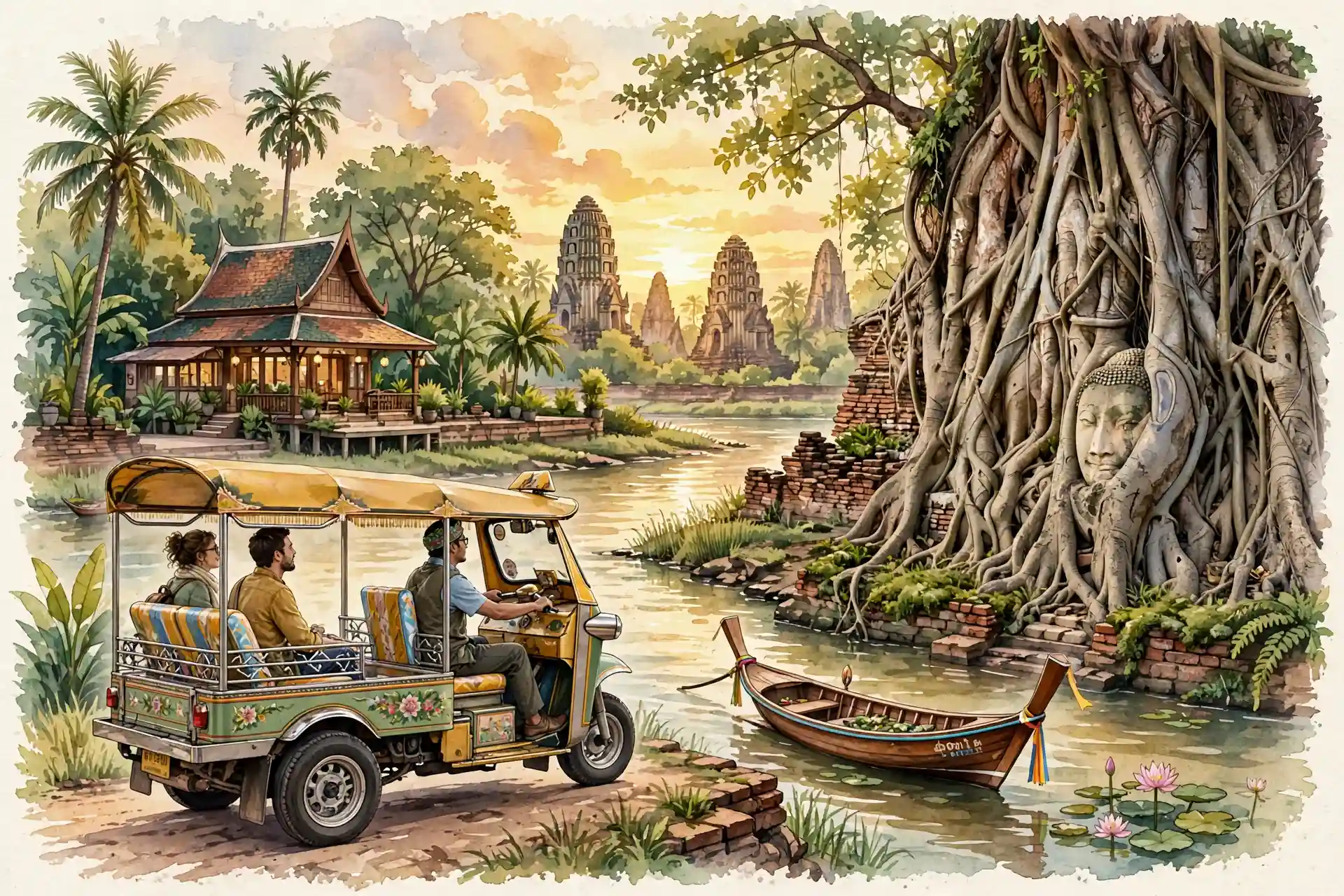 Tuk-tuk au coucher de soleil à Ayutthaya